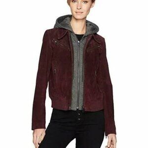 Bagatelle NYC Burgundy Leather Suede Jacket Removable with Gray Hoodie Size M